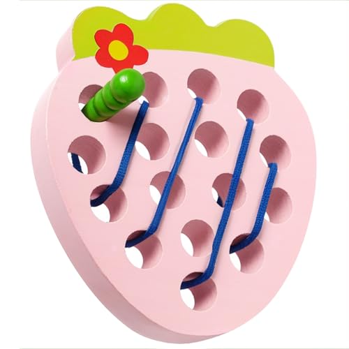 NAODONGLI Wooden Lacing Toys for Kids Strawberry Threading Learning Fine Motor Skills Montessori Sensory Educational Wooden Pattern Block Puzzle Travel Gift for 3 Years Old Baby Boys Girls