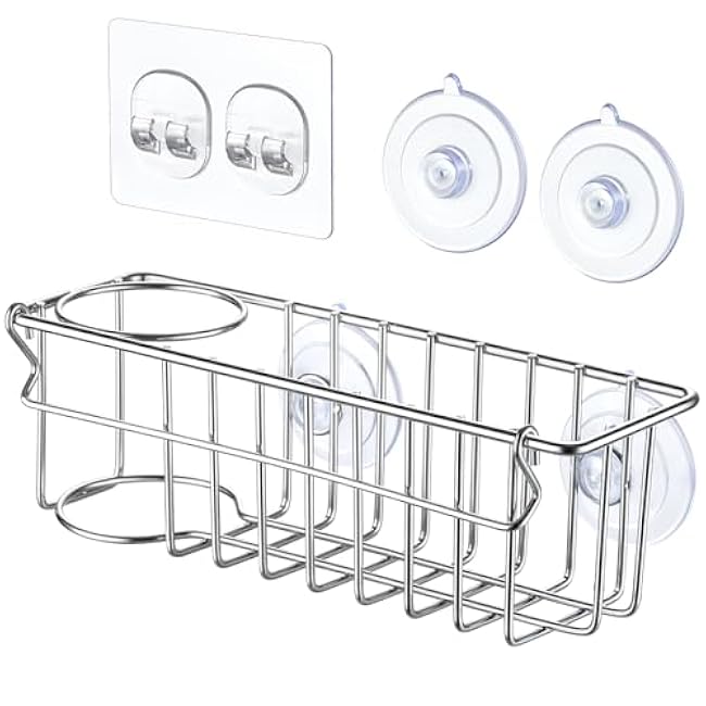 3-In-1 Sponge Holder for Kitchen Sink with Suction Cups & Adhesive Hook, In-sink Sponge Holder, Wall Hanging Sink Caddy Organizer Rack - Sponge, Dish Cloth, Brush, Scrubber - 304 Stainless Steel
