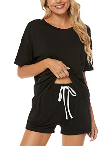 Image of LOCUBE Women's Pajama Set Soft Comfy 2-Piece Short Sleeve Lounge Sleepwear with Drawstring Shorts and Pockets