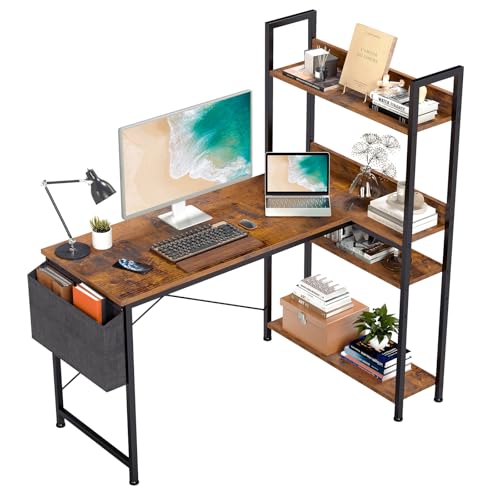 DUMOS L Shaped Desk Corner Computer Table 47 Inch, L-Shaped Gaming Desks with Storage Shelf Reversible, Wood Tables with Side Bag Adjustable Feet for 2 Monitors Small Space Home Office Bedroom, Brown