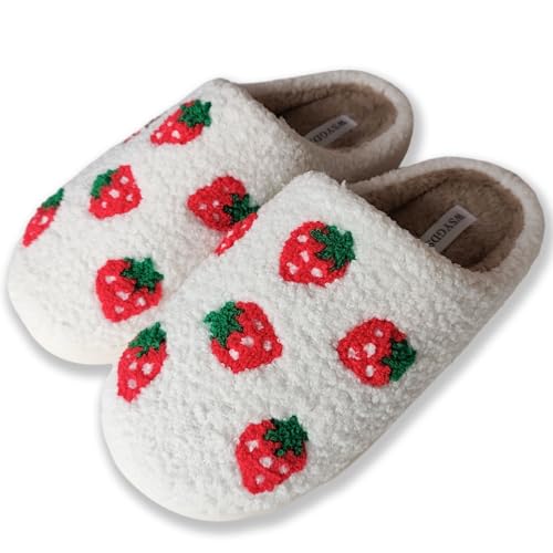 WSYGDSB Cozy Strawberry Pattern House Slippers White with Red Berries Plush Memory Foam Indoor Slip-on for Adults 41-42