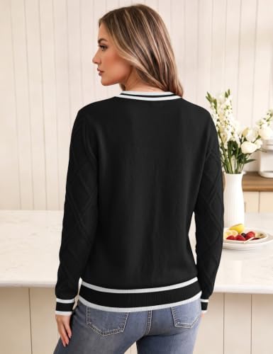 LOMON Women's Sweaters Cable Knit Sweater Long Sleeve Tops, Black Stripe L - image 6