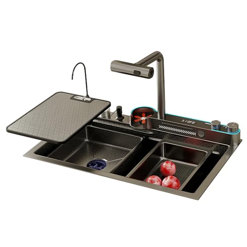 GLETSF Fregadero de Cocina con Pantalla LED, Fregadero de un Solo Seno, Cascada, estación de Trabajo, Fregadero Nano de Acero Inoxidable con lavavasos, Accesorios.One Color-80x45CM
