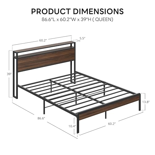 Image of LIKIMIO Queen Bed Frame with Headboard, Dark Wood Camas Queen with Strong Supports, Sturdy, Noise-Free, No Box Spring Needed, Dark Walnut