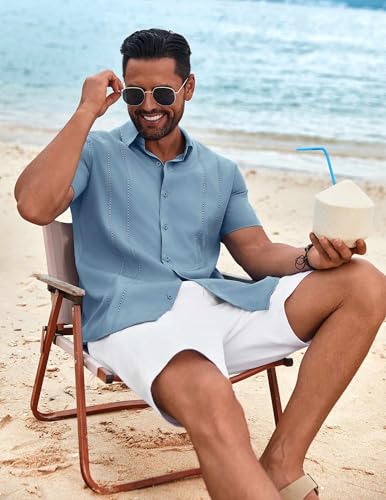 Image of COOFANDY Mens Cuban Guayabera Shirt Short Sleeve Button Down Shirts Summer Beach Vacation Shirts