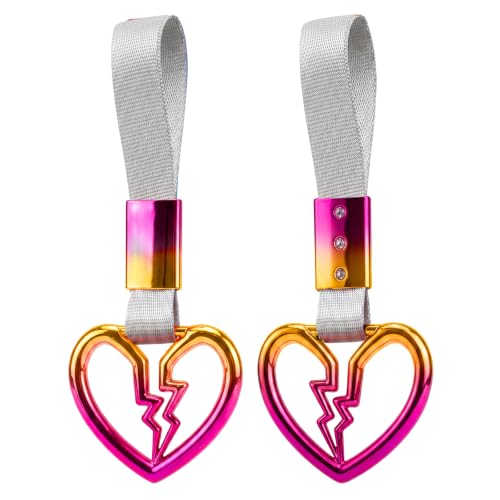 Image of 2PCS Heart Shaped Car Handle Straps, Rear Bumper Warning Keychain Ring for Car Exterior Accessories (Chrome Rainbow Broken Heart - White)