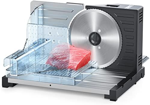 Meat Slicer, Electric Deli Food Slicers 0-18mm Adjustable Slice Thickness Collapsible Slicer Machine with Removable Stainless Steel Blade, Food Carriage & Storage Tray for Bread, Cheese,Steak