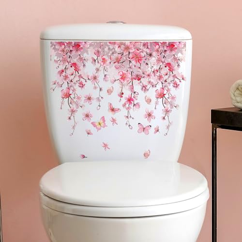 Pink Vine Flower Toilet Cover Sticker Decals,Spring Flower