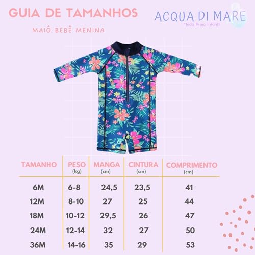 Acqua di Mare Maiô Bebê Menina Manga Longa Proteção UV 50+ 6 a 36 meses (Floral Azul, 12 meses)