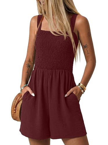 Lepunuo Smocked Rompers for Seniors Women Summer Casual Jumpers Boho Short Jumpsuits Overalls with Pockets Vacation