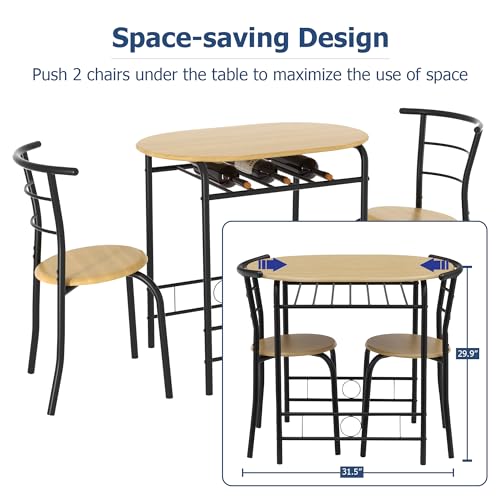 Image of VECELO 3 Piece Small Round Dining Table Set for Kitchen Breakfast Nook, Wood Grain Tabletop with Wine Storage Rack, Save Space, Natural & Black