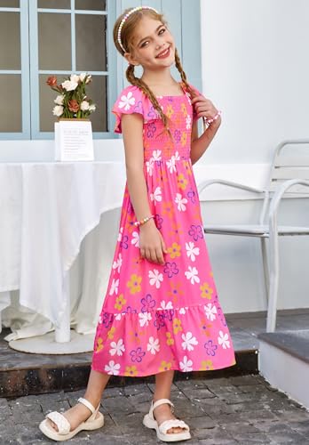 GRACE KARIN Girls Floral Easter Dresses Size 10 Tween Girl Spring Maxi Dress Kids Summer Hawaiian Dress,Hot Pink — view 3