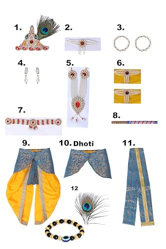 Image of Krishna Dress for Kids, Baby Krishna Dress for Janmashtami with Krishna Mukut, Peacock Feather & Flute Embroidered Krishna Costume for Girl & Boy, 3 Months-8 Years