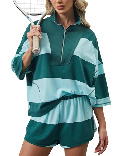 Women Two Piece Workout Short Sets Striped Lounge Set Oversized Half Sleeve Shirt and Shorts Tennis Tracksuit