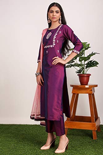 Image of Women Purple Layered Thread Work Kurti with Trousers with Dupatta-5049-P