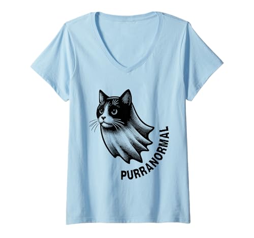 Mujer Purranormal Paranormal Spooky Cat Ghost Halloween Camiseta Cuello V