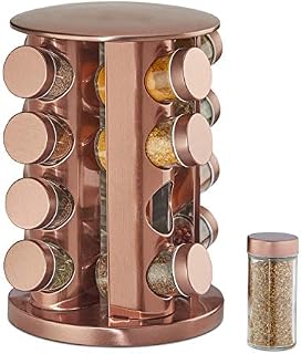 Relaxdays Spice Rack, 16 Glass Jars, Rotatable, Metal, H x D: Approx. 28 x 22 cm, Copper
