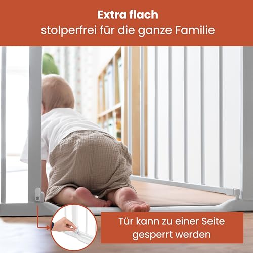 hauck Clear Step 2 + 21 cm Verlängerung, Weiß - Kinderschutzgitter Hundegitter, Verstellbare Breite 96-101 cm, 77 cm Hoch, Flacher Einstieg, Einhand Öffnung, ohne Bohren, für Innen