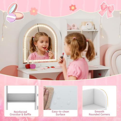 Image of Costzon Kids Vanity with Lights, Girls Vanity Set with Mirror, Storage Drawer, Hooks & Shelves, Toddler Makeup Vanity Desk Dressing Table, Wooden Kids Vanity Table and Chair Set (White)