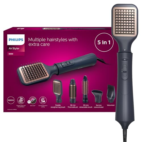 Philips 5000 Series Air Styler BHA530/03|1000W|5-in-1 Dryer & Styler (Nozzle Retractable bristle brush 38mm Thermobrush Paddle straightening brush Volumizer)|Ionic care|Argan-oil infused brush