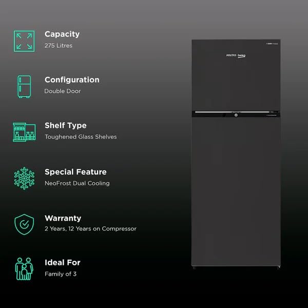 Image of Voltas Beko RFF295D /W0XBR 250 Litres 2 Star Frost Free Double Door Refrigerator Wooden Black