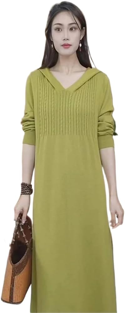 LIXINGHEITANG Hooded Knit Dress Spring Loose Long Sleeved Sweater Women Autumn Winter