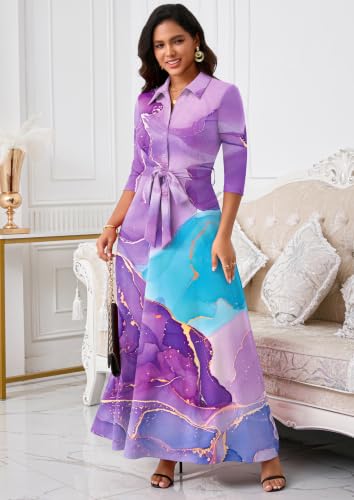 Image of Rumwind Maxi Dresses for Women, 3 /4 Sleeve Shirt Collar Casual Afircan Print Church Dress Button Down with Belt and Pockets