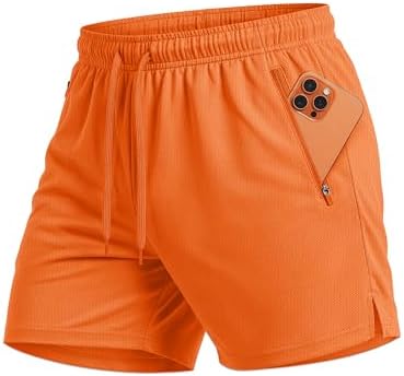 MAGCOMSEN Mens Athletic Running Quick Dry Shorts Lightweight 5 Inch Mesh Tennis Shorts with Zipper Pockets Orange M