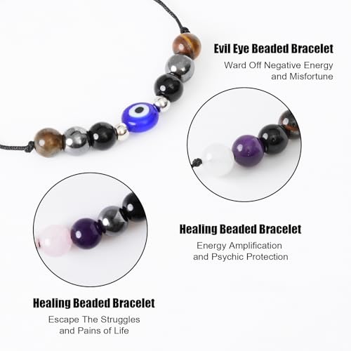 Triple Protection Bracelets: Black Obsidian Hematite Tiger Eye Evil Eye Beaded Bracelets – Energy Grounding and Courage Gifts for Women Men3