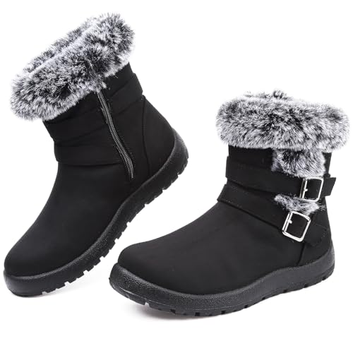 Chaoslook Womens Snow Boots with Zipper Waterproof Leather Fur Lined Winter Warm Boots for Women Comfortable Platform Fashion Ankle Booties Black Suede Size 8.5 by Chaoslook - Used condition - US$34.35