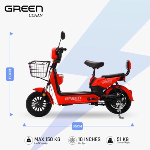Image of Green Udaan Low Speed Electric Scooter Non RTO 80KM Range Lithium Battery Red with Portable Charger