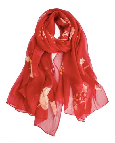 Taseson 100% Mulberry Silk Scarf for Women, Lightweight Large Silk Chiffon Shawl Wraps Sheer Red Floral Neck Scarf Bird Gift Packed