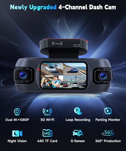 Image of 4K 360Dash Cam Front Rear Left Right Inside with WiFi GPS, 4 Channel 4K Ultra HD Dash Camera for Cars Night Vision, G Sensor, 24 /7 Parking Mode, Loop Recording+64GB TF Card