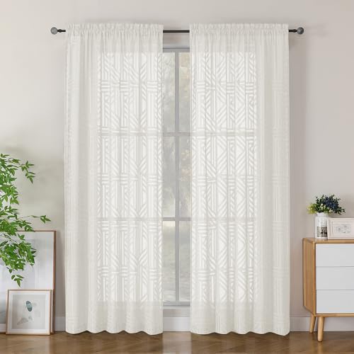 Simplebrand Semi Sheer Ivory Curtains 84 Inches Long 2 Panels, Light Filtering Geometric Jacquard Clip Textured Sheer Curtains for Bedroom，Modern Elegant Window Curtains Drapes，52x84 inch