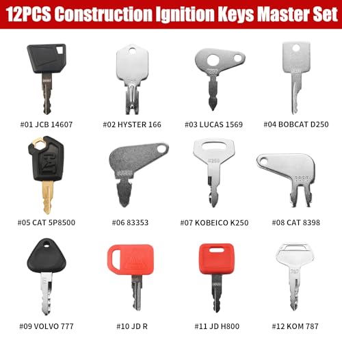 12PCS Construction Ignition Keys Master Set, Construction Keys Set Compatible with CAT Case JD Komatsu Kubota Hyster Bobcat Daewoo JCB JLG Toyota Master Heavy Equipment Key