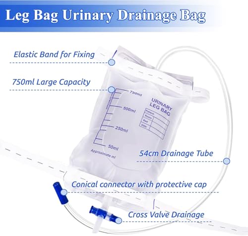 Tvvcalk 10 Stück 750ml Urinbeutel katheterbeutel, Urinbeutel Beinbeutel, Katheter Beinbeutel, Urindrainagebeutel mit 2 Stoffgurten, Ventil und T-Ablass