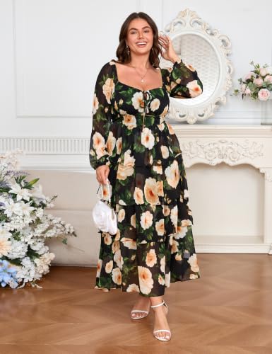 Image of EYWOL Plus Size Long Sleeve Floral Tiered Semi Formal Wedding Guest Dress