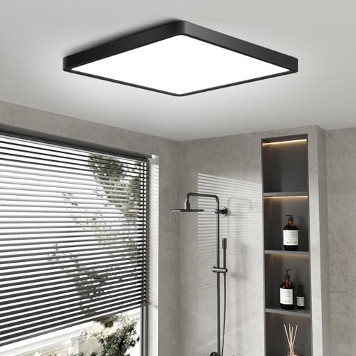 9Inch 18W Square LED Ceiling Light Fixtures Flush Mount, 4000K Natural White Ceiling Lamp, Surface Mount Modern Ceiling Lights, Black Slim Flat Panel Lighting for Bedroom, Kitchen, Bathroom