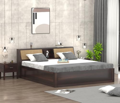 Image of Sheesham Wood Queen Size Bed with Box Storage Wooden Double Bed Cot Bed Furniture for Bedroom Living Room Home (Walnut Finish)