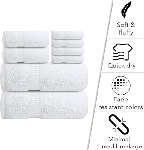 Image of Sulfar 100% Combed Cotton, 8 Pcs Towel Set - 2 Bath Towels (70 x 140 cm), 2 Hand Towels (40 x 70 cm) and 4 Washcloths (30 x 30 cm) (600 GSM, Pack of 8) White