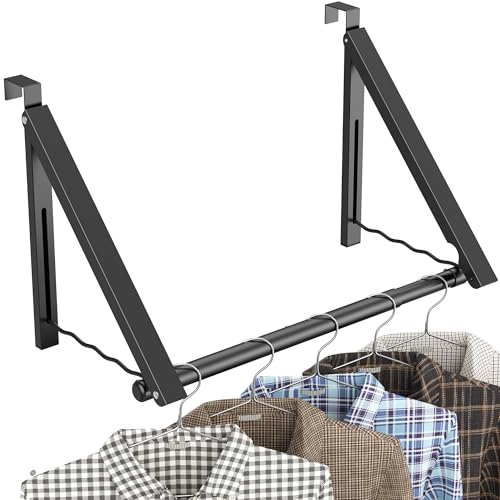 Image of Hleelomi Over The Door Drying Racks for Laundry, Expandable Foldaway Clothes Rail, Suitable for Doors in Bedrooms, Dorms, and Bathrooms, 2 Racks and a Rod, Black