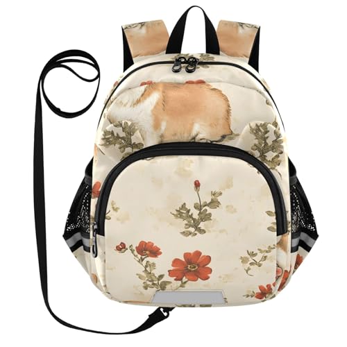 Kid's Backpack for Boys & Girls Toddler Bag Corgi Red Flower Backpack with Safety Leash