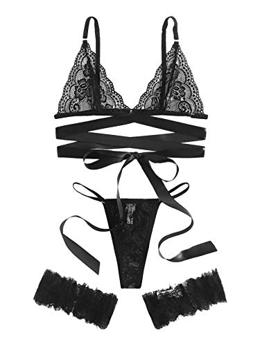 SheIn Women's Sexy Lace Lingerie Set Bra Underwear Leg Ring 3 Piece Black Large