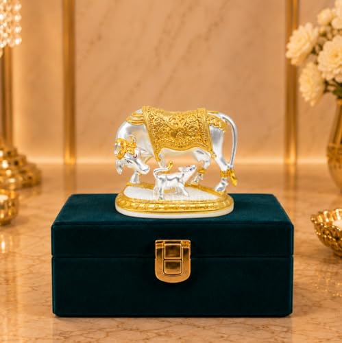 Image of Gold Art India Kamdhenu Cow with Calf Idol | 999 Silver Plated & 24KT Gold Plated | Two Tone Matte Finish | Premium Peacock Green Velvet Gift Box | Vastu Cow Statue for Home Temple & Spiritual Gifting