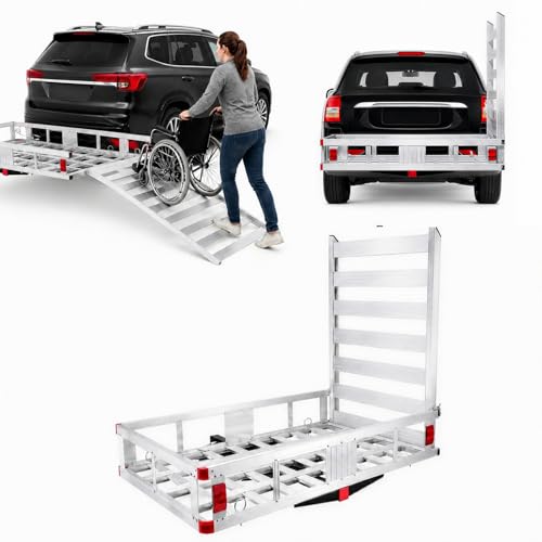 500 LBS Heavy-Duty Aluminum Hitch Mount Cargo Carrier with 41.5 Folding Ramp 50 x 29.5 x 8.7 Large Basket Wheelchair & Mobility Scooter Rack Fits 2 Receiver for SUV Truck & Van