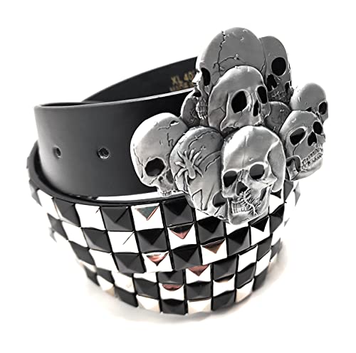 Skull Pile Belt Buckle and Chrome Black Pyramid Studded Leather Belt2