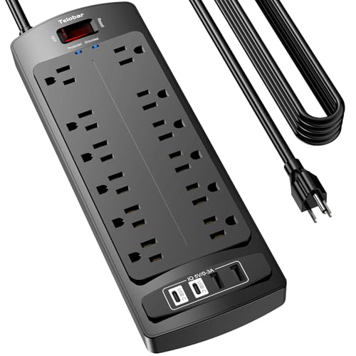 20 Ft Extension Cord Power Strip Teiobar Surge Protector with 12 AC Outlets and 4 USB Ports for Home Office Dorm Essentials 2700 Joules ETL Listed Black