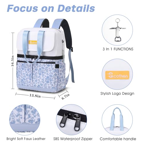 Image of Scothen Backpack Cooler with Double Decker & 12 Ice Packs- Keeps 36 Cans Cold for Up to 24 Hours- Waterproof & Leak Proof Insulated Cooler Backpack- Stylish Cooler Bookbag for Women Travel Work Beach
