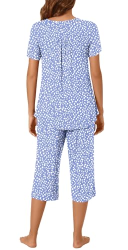 Image of Womens Summer Pajama Sets 2 Piece Short Sleeve Top and Capri Pants Plus Size Ladies Lounge Pjs Sets with Pockets
