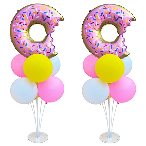 Donut Table Centerpiece Balloons Stand Kit 2 Sets with 2 Doughnut Foil Balloons and 14 Latex Pastel Balloons for Donut Time Decoration Birthday Party Wedding Baby Shower Party Decoration